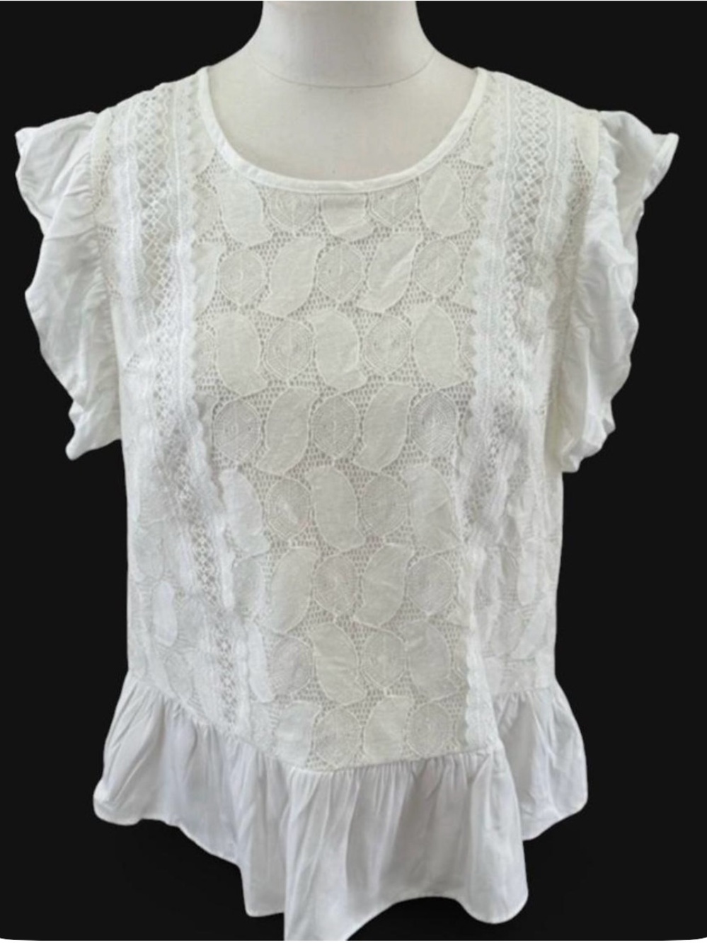 Evereve White Lace Eyelet Ruffle Sleeve Peplum Top Size M